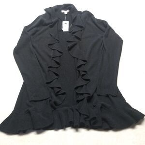 Roz & Ali Womans PL Petite Cardigan Open Sweater Ruffle Black Witchy Whimsigoth